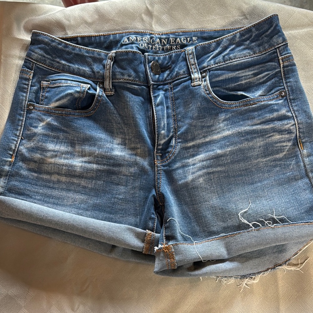 American Eagle Outfitters Blue Jean Shorts with Distressed Details